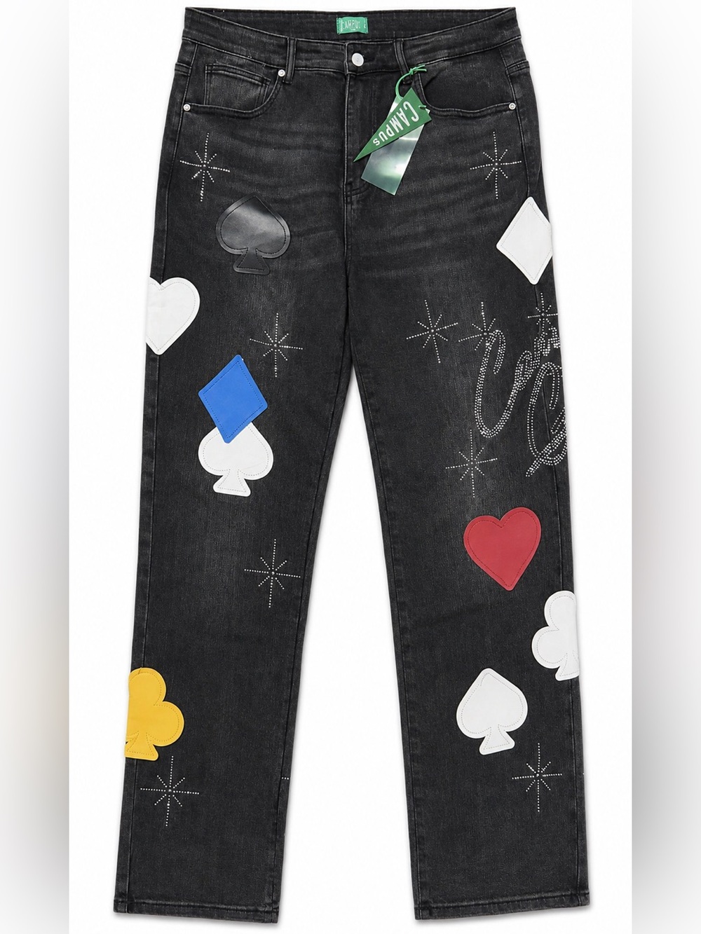 Campus Goods Playing Card Patch Rhinestone Jeans Black Midnight Denim 38x34 NWT